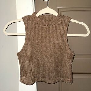 Brown Ribbed High Neck Top